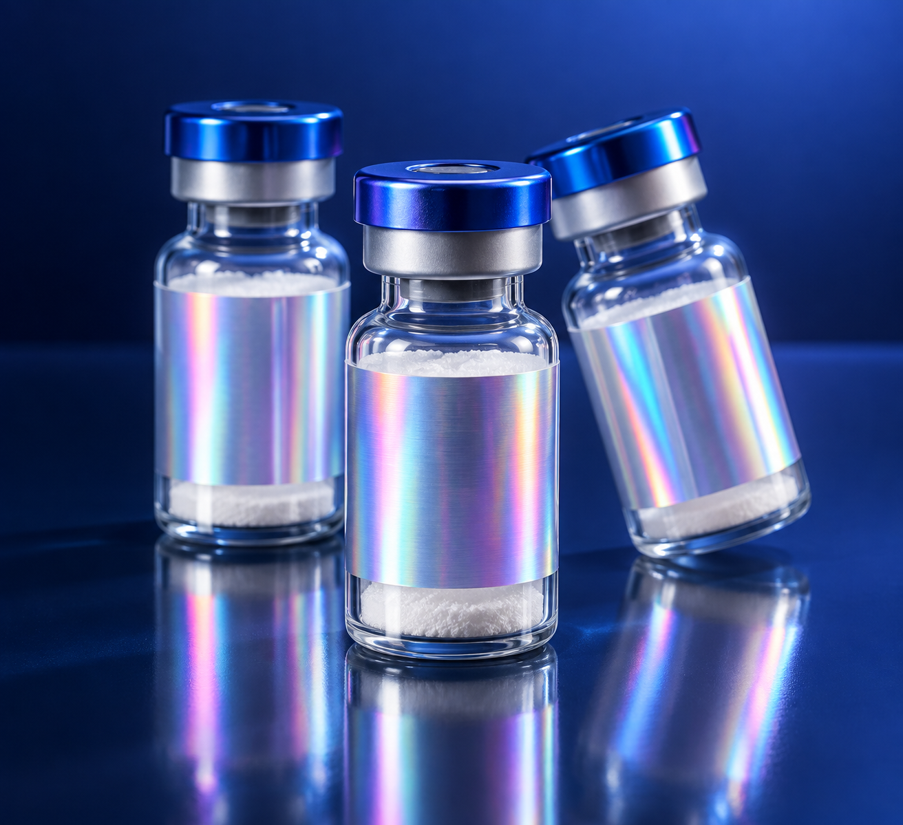 Three research peptide vials with holographic silver labels and cobalt blue caps